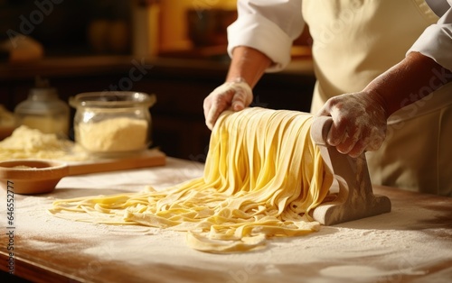 Chef preparing pasta, cutting noodles
