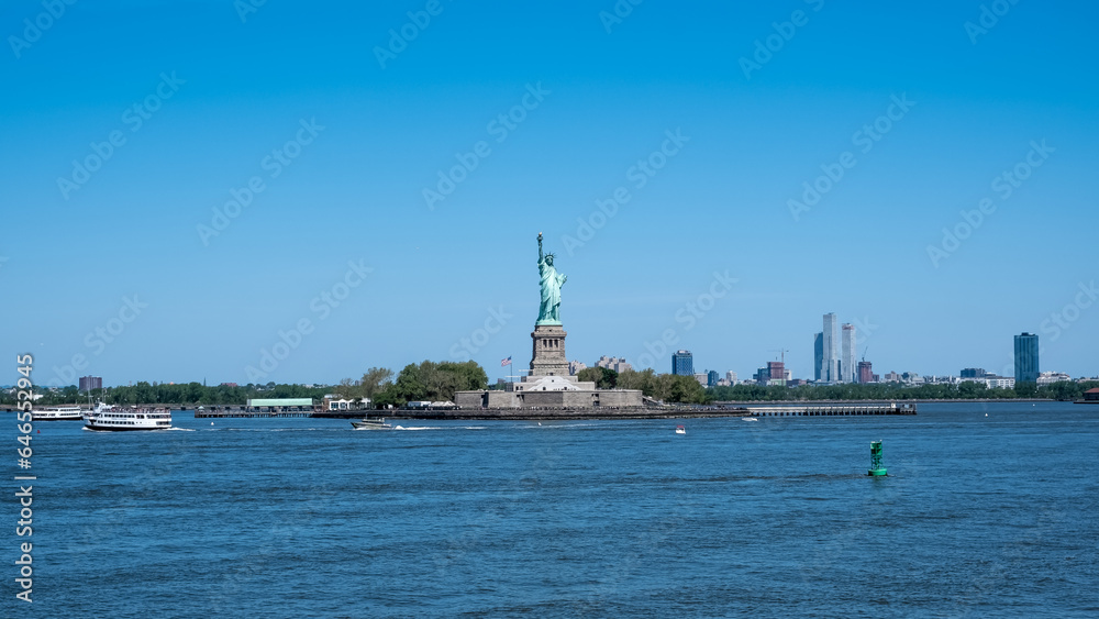 View of the Statue of Liberty, a colossal neoclassical sculpture on Liberty Island in New York Harbor in New York City, in the United States.