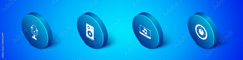 Set Isometric Microphone, Laptop with music, Sound mixer controller and Stereo speaker icon. Vector Set Isometric Microphone, Laptop with music, Sound mixer controller and Stereo speaker icon. Vector