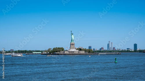 View of the Statue of Liberty, a colossal neoclassical sculpture on Liberty Island in New York Harbor in New York City, in the United States.
