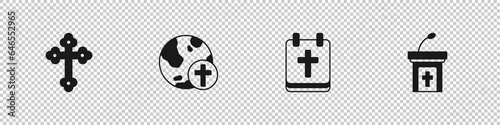 Set Christian cross, with globe, Calendar Easter and Church sermon tribune icon. Vector