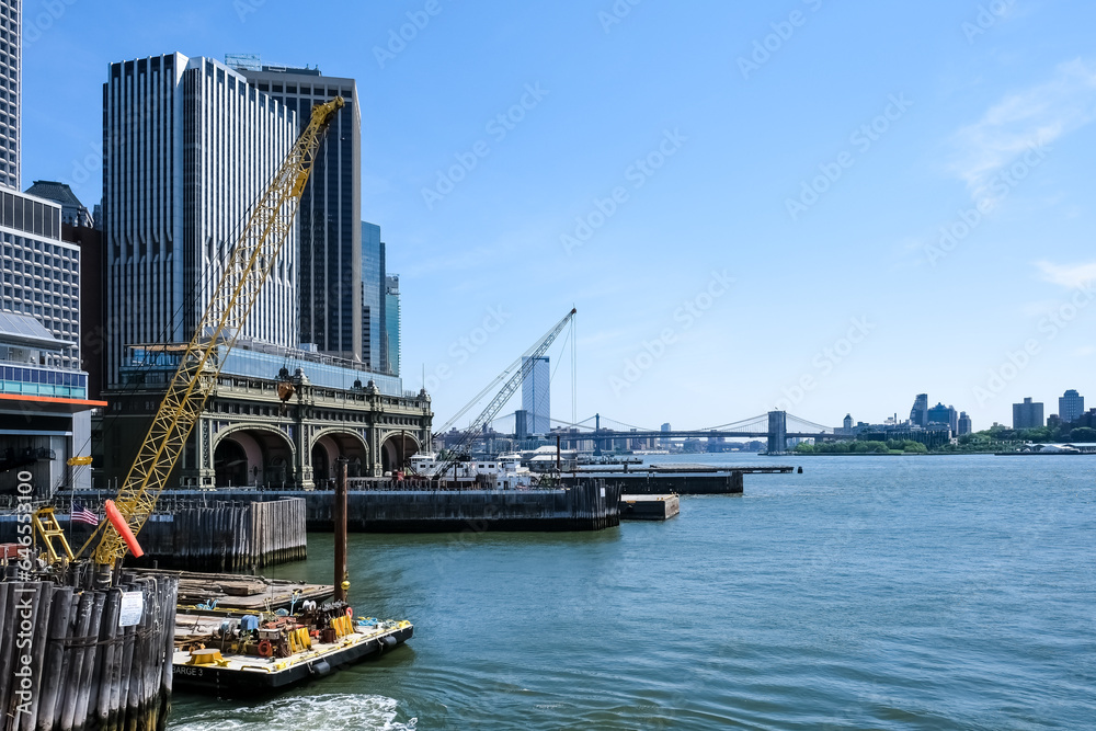 Naklejka premium View from Whitehall Terminal, a ferry terminal used by the Staten Island Ferry, which connects the island boroughs of Manhattan and Staten Island.