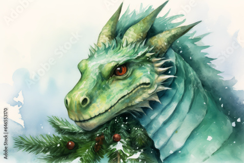 Watercolor Illustration of green dragon  symbol of 2024 year in Chinese calendar on Christmas background.