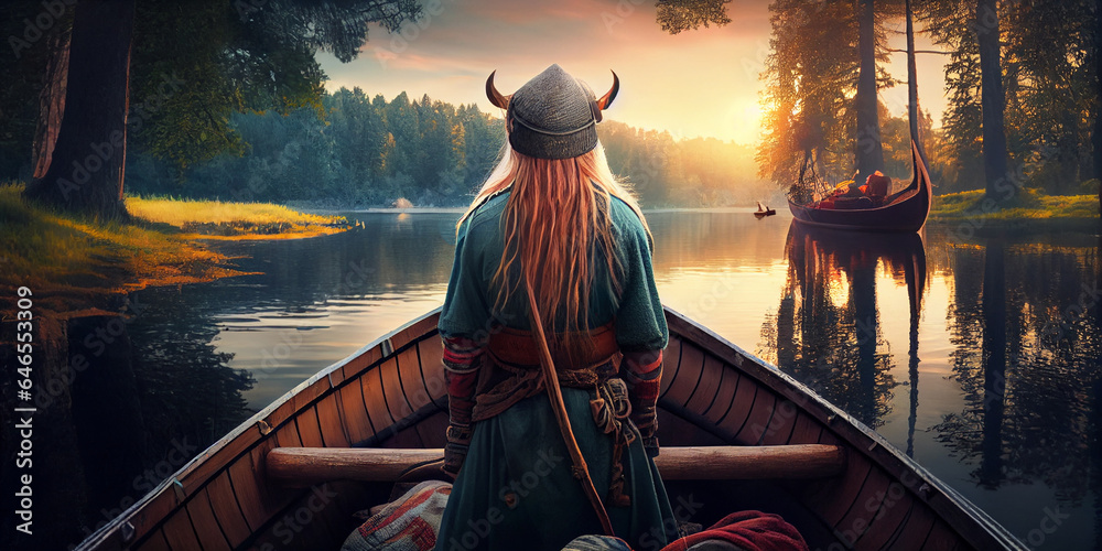 An ancient viking warrior floats down the river in a wooden boat, view from the back. Generative AI