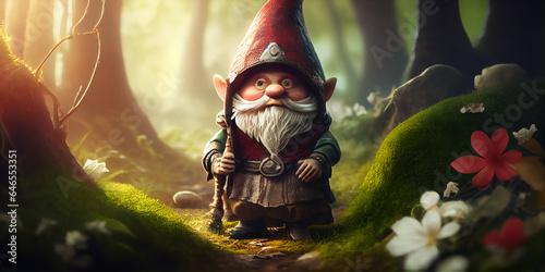 a little fabulous cute gnome stands on a path in a summer magical forest. Generative AI