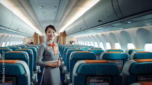 Asian woman working as flight attendant. Female airplane stewardess with blurred seats in aisle background. Generative AI