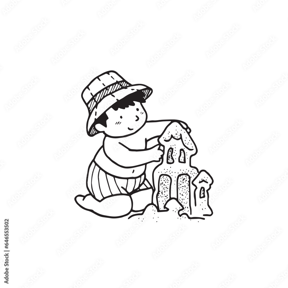 Handdrawn kid illustration, child drawing, cute kid, boy on the beach, sand castle Handdrawn kid illustration, child drawing, cute kid, boy on the beach, sand castle