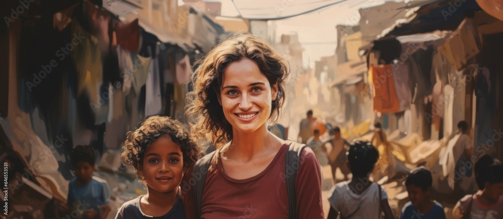 Illustration Caucasian Female Social Worker Backdrop Smiling Generative AI