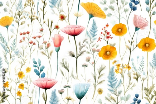 Seamless minimalistic watercolor pattern  the wildflowers and herbs. AI generated