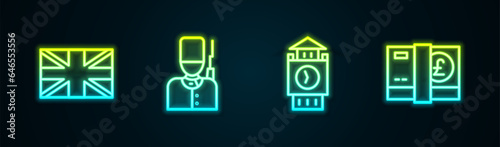 Set line Flag of Great Britain, British soldier, Big Ben tower and Pound sterling money. Glowing neon icon. Vector
