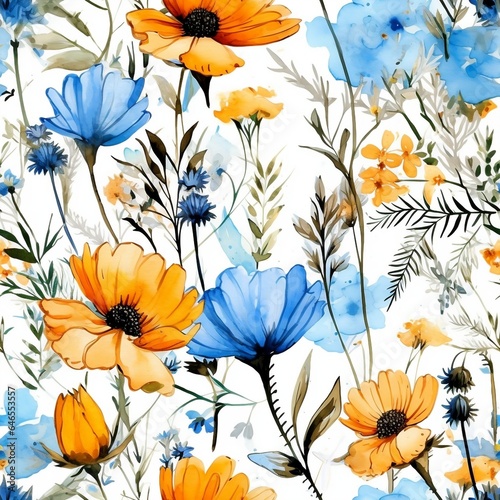 Seamless minimalistic watercolor pattern  the wildflowers and herbs. AI generated