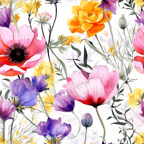 Seamless minimalistic watercolor pattern: the wildflowers and herbs. AI generated © Dasha Yurk