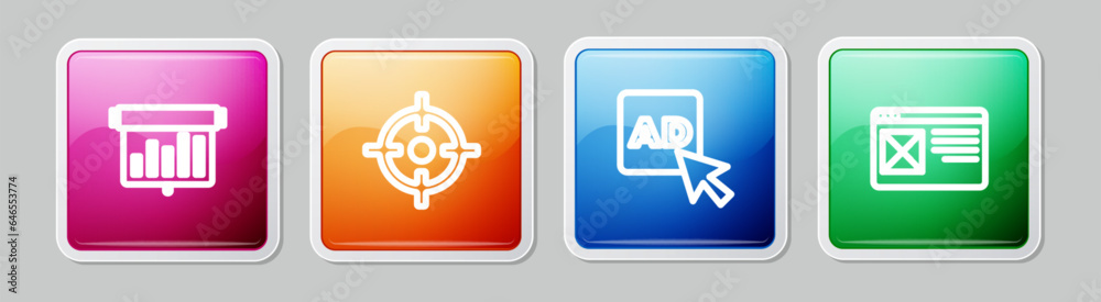 Set line Board with graph chart, Target sport, Advertising and Browser window. Colorful square button. Vector Set line Board with graph chart, Target sport, Advertising and Browser window. Colorful square button. Vector