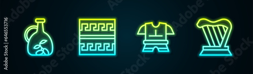 Set line Bottle of olive oil, Ancient Greek pattern, Body armor and Harp. Glowing neon icon. Vector