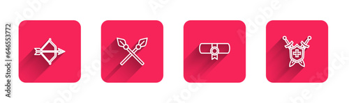 Set line Medieval bow and arrow, Crossed medieval spears, Decree, parchment, scroll and shield with swords with long shadow. Red square button. Vector