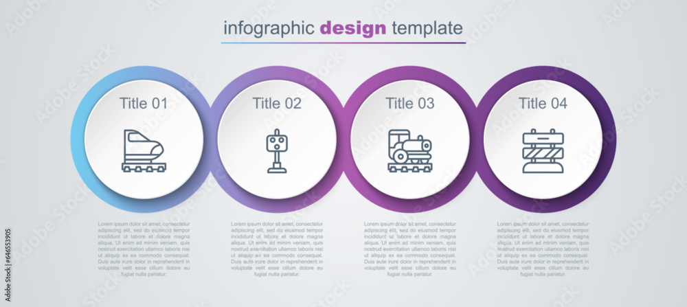 Set line High-speed train, Train traffic light, Vintage locomotive and End of railway tracks. Business infographic template. Vector Set line High-speed train, Train traffic light, Vintage locomotive and End of railway tracks. Business infographic template. Vector