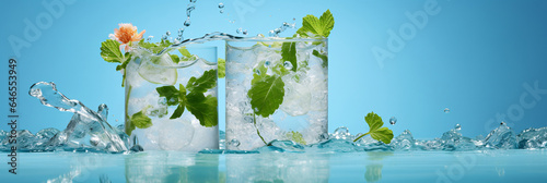 Tableau sur toile Fresh Cocktail in a Transparent Glass with Mint Leaves and Flowers Against a Blu