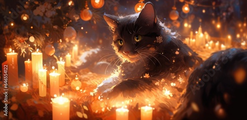 A black cat sitting in a field of candles © Maria Starus