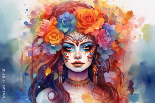 Mexican Catrina skull girl illustration with flowers in watercolor style. Dia de los muertos day. Halloween poster background, greeting card or other design concept. © devmarya