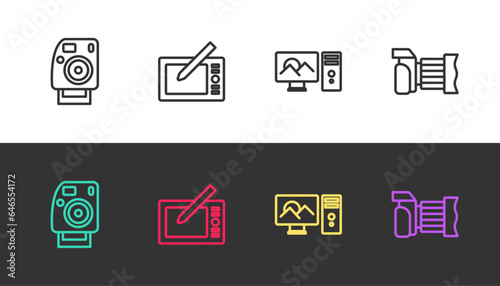 Set line Photo camera, Graphic tablet, retouching and on black and white. Vector