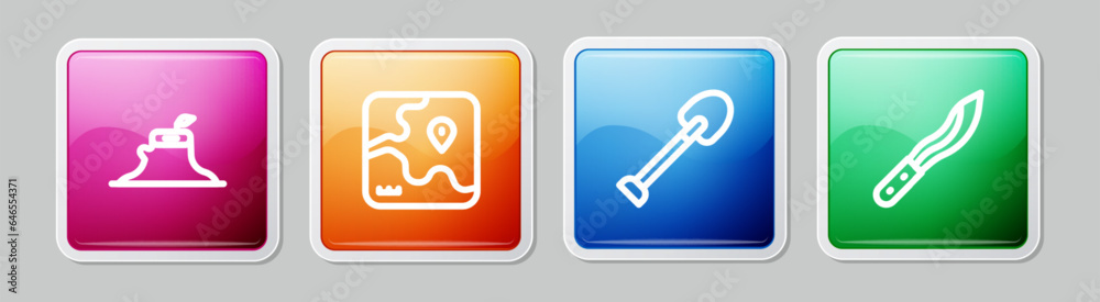 Set line Tree stump, Africa safari map, Shovel and Machete. Colorful square button. Vector Set line Tree stump, Africa safari map, Shovel and Machete. Colorful square button. Vector