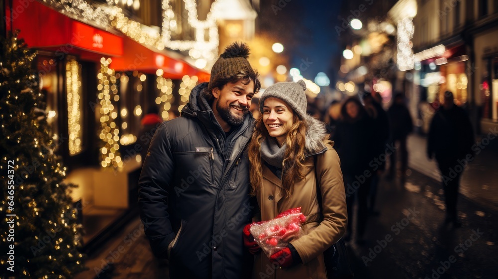 couple at christmas walking down the street