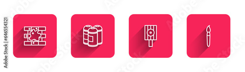 Set line Painting the house, spray can, Spray nozzle cap and brush with long shadow. Red square button. Vector