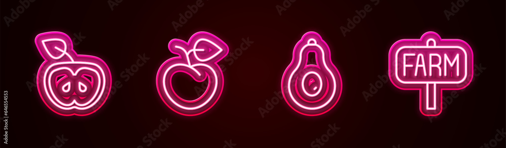 Set line Apple, Peach fruit or nectarine, Avocado and Location farm. Glowing neon icon. Vector Set line Apple, Peach fruit or nectarine, Avocado and Location farm. Glowing neon icon. Vector