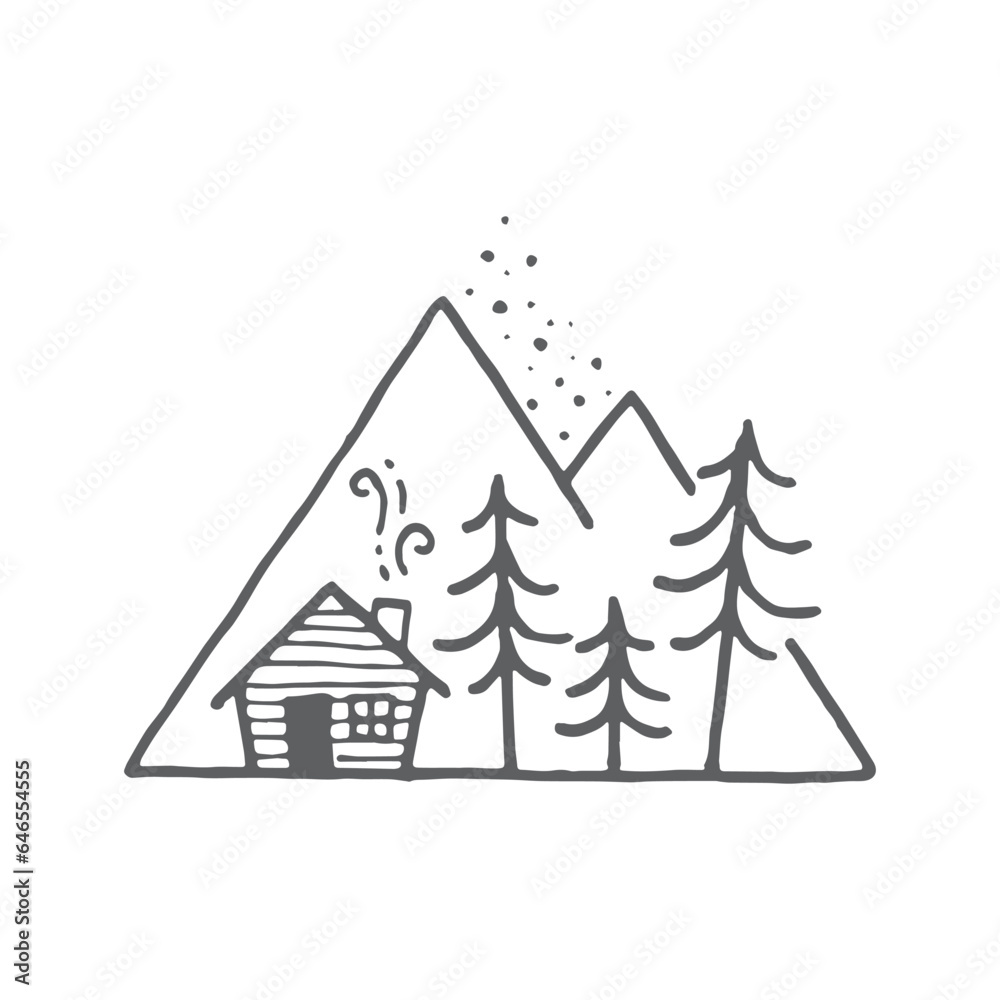 camp house by a tree on the mountain drawing