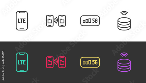 Set line LTE network, Data transfer and storage, 5G wireless internet and Smart data server on black and white. Vector