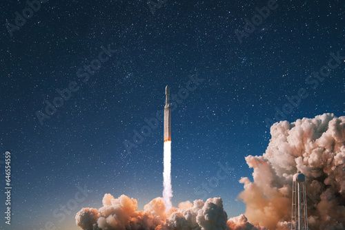 Fototapeta Naklejka Na Ścianę i Meble -  New modern rocket with smoke and blast successfully lift off into the starry sky. Spaceship launching into space, concept. Successful launch and space mission, creative idea. Space exploration