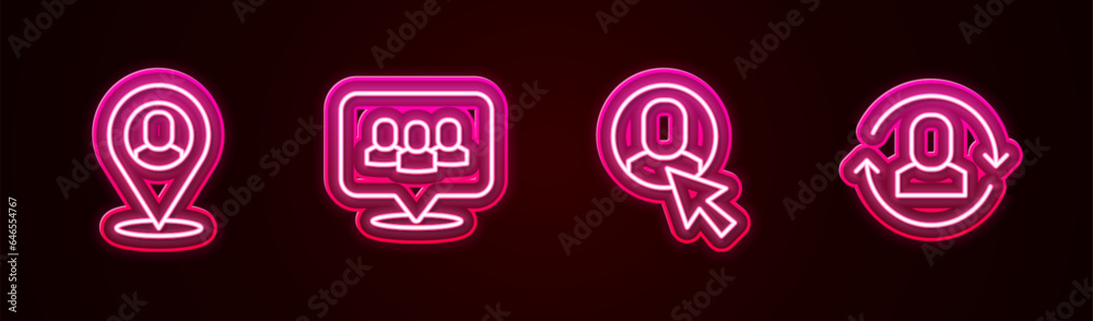 Set line Worker location, Project team base, and Exchange work. Glowing neon icon. Vector Set line Worker location, Project team base, and Exchange work. Glowing neon icon. Vector