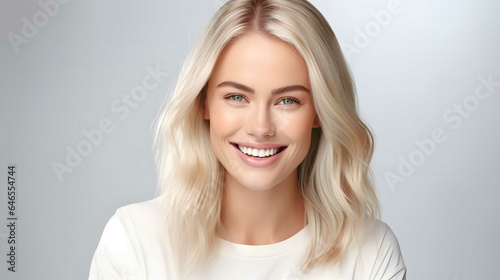 Closeup of beautiful young woman with healthy teeth. For a dental ad. Portrait of a beautiful young woman with blond hair. White background.