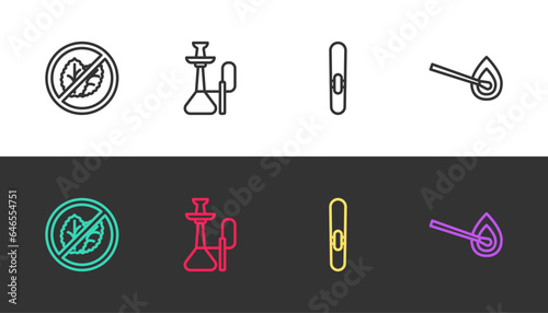 Set line No tobacco leaf, Hookah, Cigar and Burning match with fire on black and white. Vector