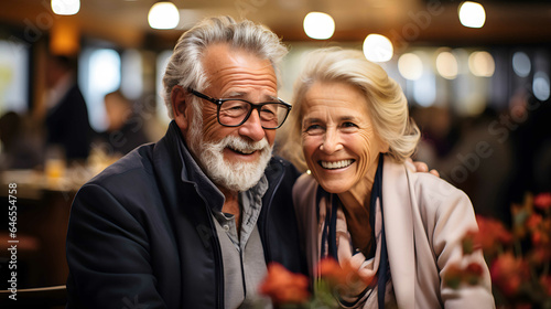 Portrait of a happy senior couple in a restaurant. Elderly people concept. Happy senior couple enjoying companionship at a social club, having fun and smiling. 