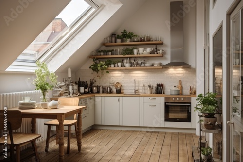 Small white kitchen with dining table