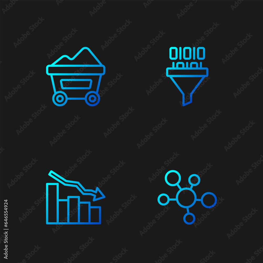Set line Mind map infographic, Financial growth decrease, Coal mine trolley and Binary code. Gradient color icons. Vector