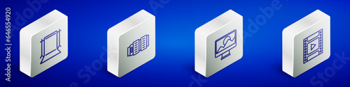 Set Isometric line Empty photo studio, Camera lens, Photo retouching and film roll cartridge icon. Vector