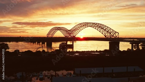 Memphis bridge aerial footage at sunset