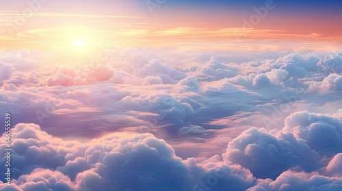 Beautiful sunset above the clouds. Aerial view. Nature background of sky. Cloudy landscape from the window of an airplane. Sunrise. Sun goes into the clouds. Illustration for varied design.