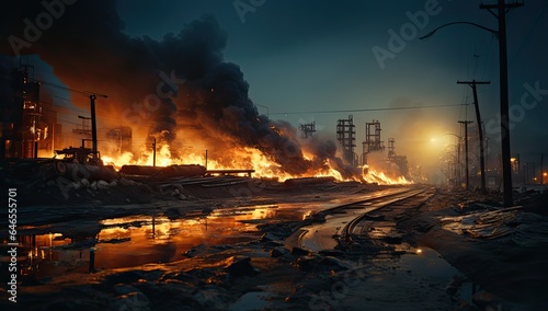 Oil pipeline and rafinery with smoke pouring out of it