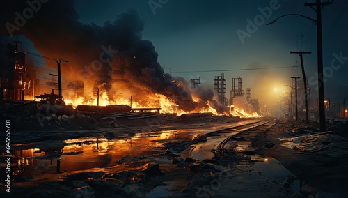 Oil pipeline and rafinery with smoke pouring out of it photo