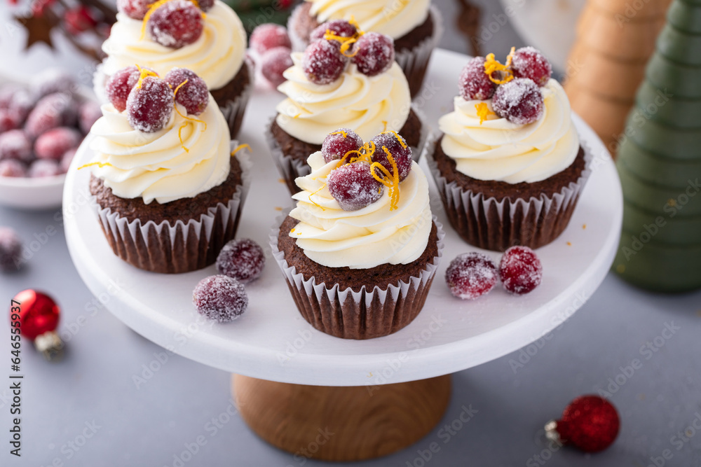 Festive chocolate and orange cupcakes with white chocolate frosting garnished with sugared cranberry