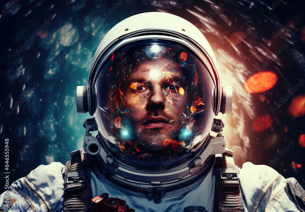 Portrait of a male astronaut in helmet. Space fantasy image. Science fiction universe exploration. Future concept. Illustration for cover, card, postcard, interior design, decor or print. Portrait of a male astronaut in helmet. Space fantasy image. Science fiction universe exploration. Future concept. Illustration for cover, card, postcard, interior design, decor or print.