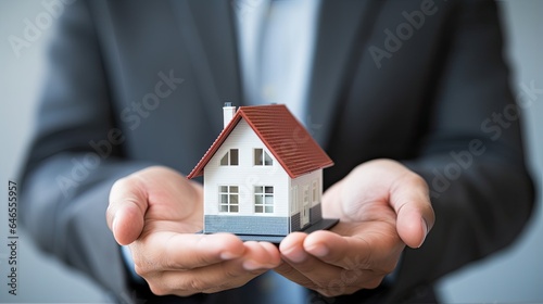 A businessman in a suit holds a model of a house on his palms. The concept of mortgage lending, real estate insurance, construction, design and sale of residential buildings. Illustration for design. photo