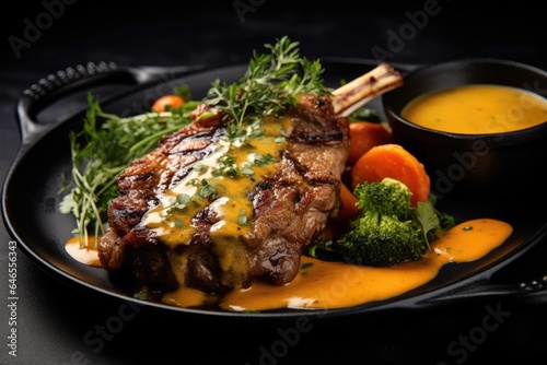 Grilled lamb chop with roasted vegetables and yellow curry sauce, garnished with herbs on a black plate.