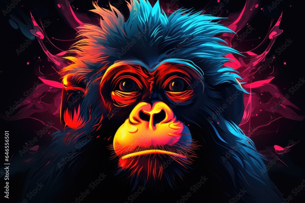A colorful monkey with a mischievous expression, on a dark background.