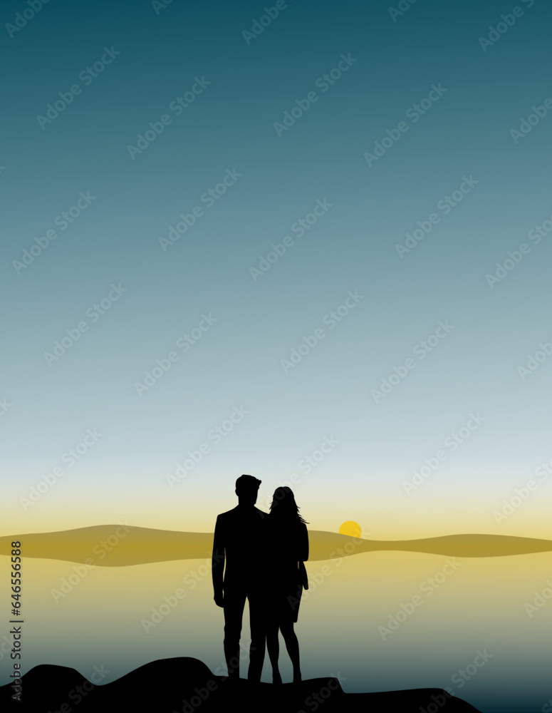 Vektor Silhouetten - Liebespaar Arm in Arm am Wasser beim Sonnenuntergang Vektor Silhouetten - Liebespaar Arm in Arm am Wasser beim Sonnenuntergang