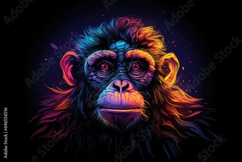 A colorful monkey with a mischievous expression  on a dark background.