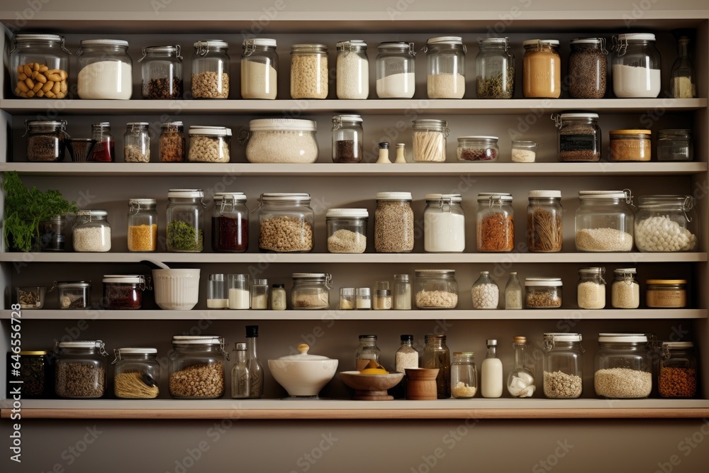 Wooden shelf displaying various jars of spices and ingredients.